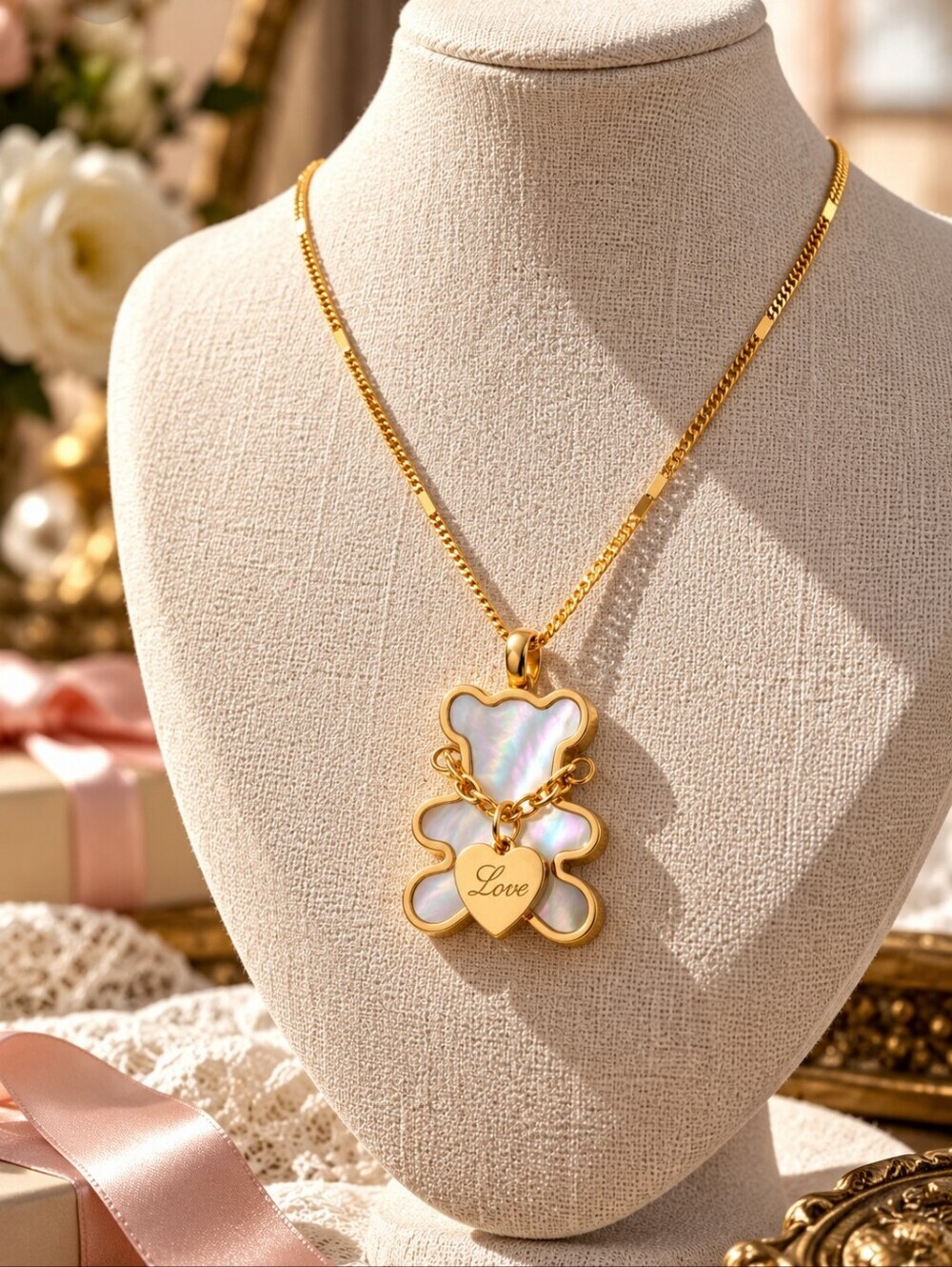 18K Gold Plated Stainless Steel Teddy Bear Mother of Pearl Love Heart 16-18"